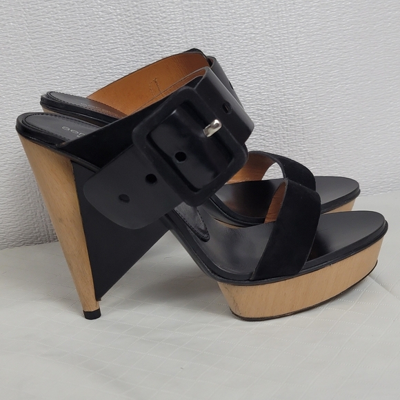 Sergio Rossi Shoes - Sergio Rossi Suede Leather Buckle Wood Platform Cone Heels Slides Sandals Sz 37